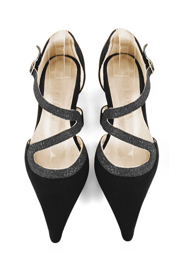Women's matt black and satin black open side dress shoes, with snake-shaped straps. Pointed toe. Low block heels - Top view